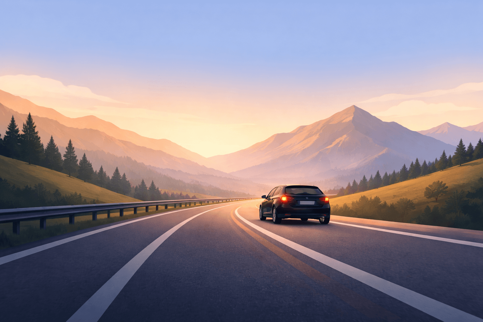 Used car driving on an open road